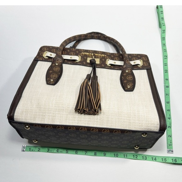 Adrienne Vittadini Brown Vegan Leather and Cream Linen Medium Handbag - Picture 6 of 11